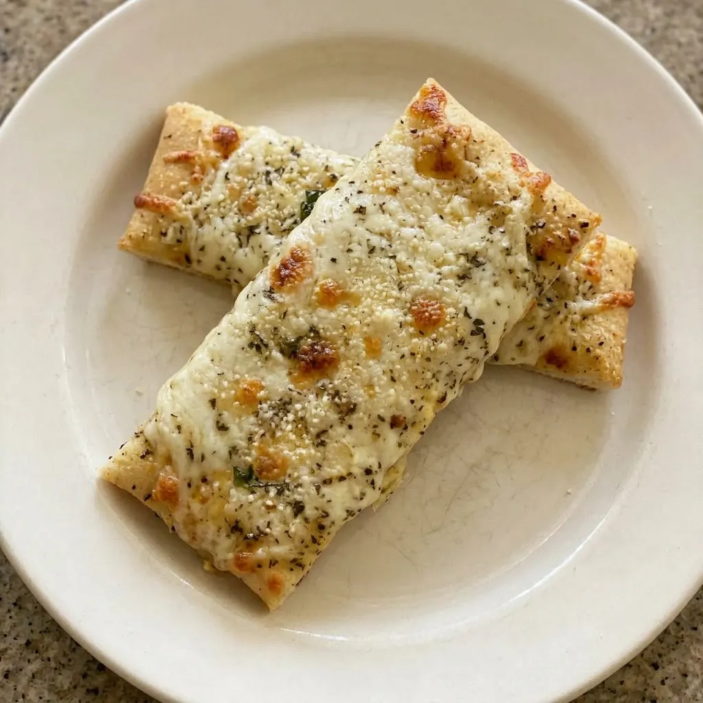 A serving of cheese breadsticks with melted mozzarella, Parmesan, garlic butter, basil, and oregano from a side angle.