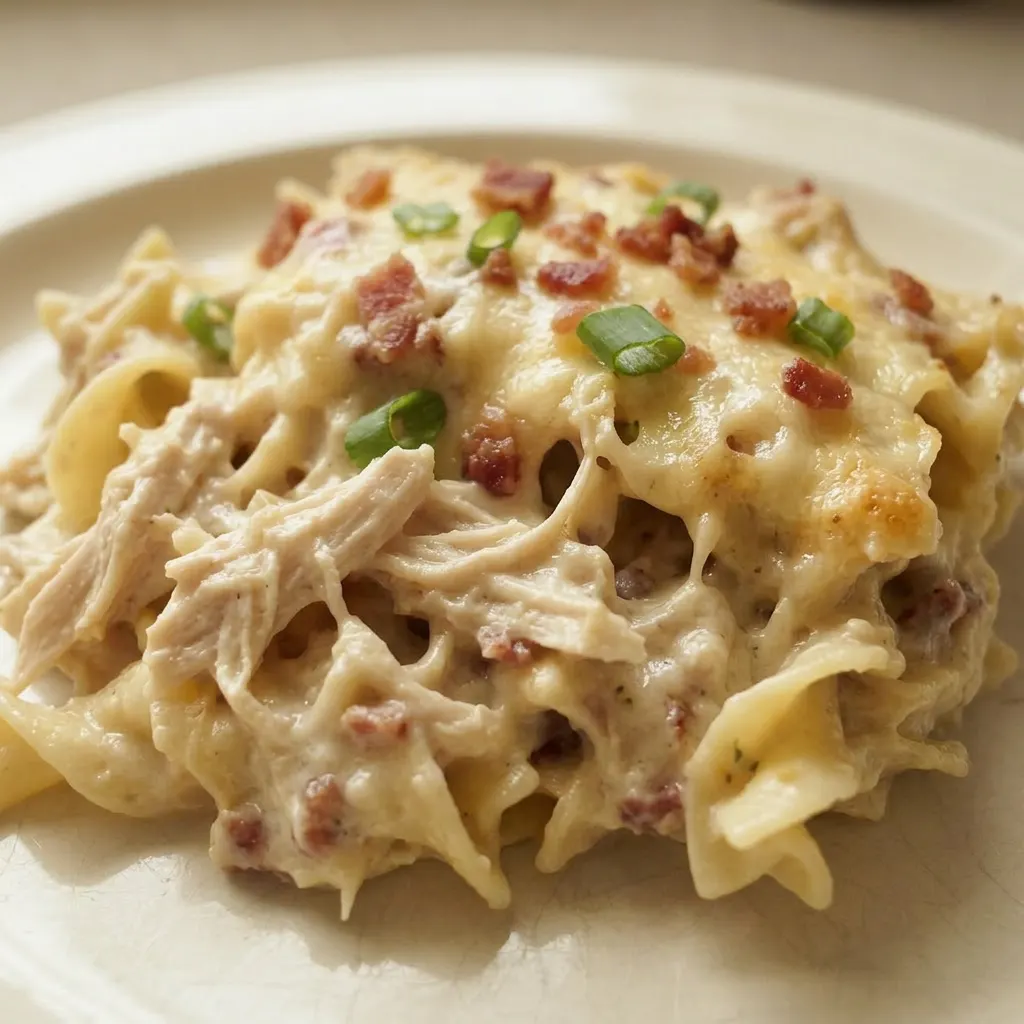 Macro detail of creamy casserole showing chicken, bacon, and cheese-coated egg noodles.