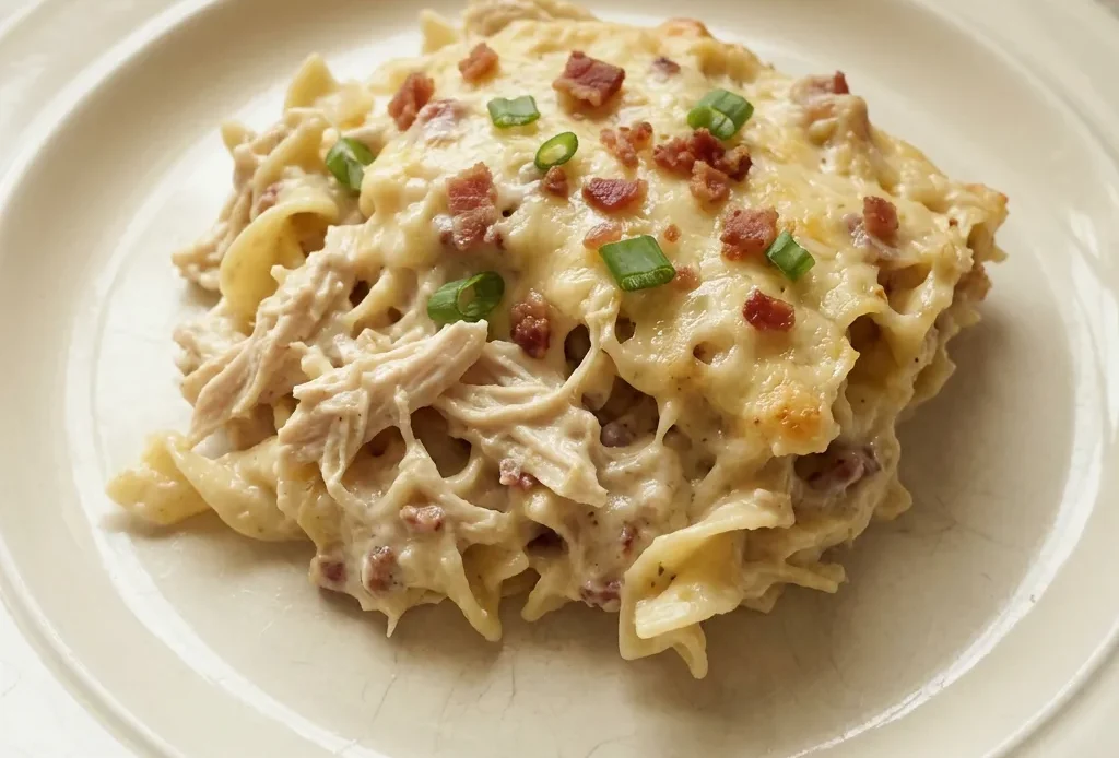 Top-down look at a casserole with egg noodles, chicken chunks, bacon bits, and melted cheddar cheese.