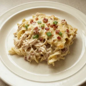 Top-down look at a casserole with egg noodles, chicken chunks, bacon bits, and melted cheddar cheese.