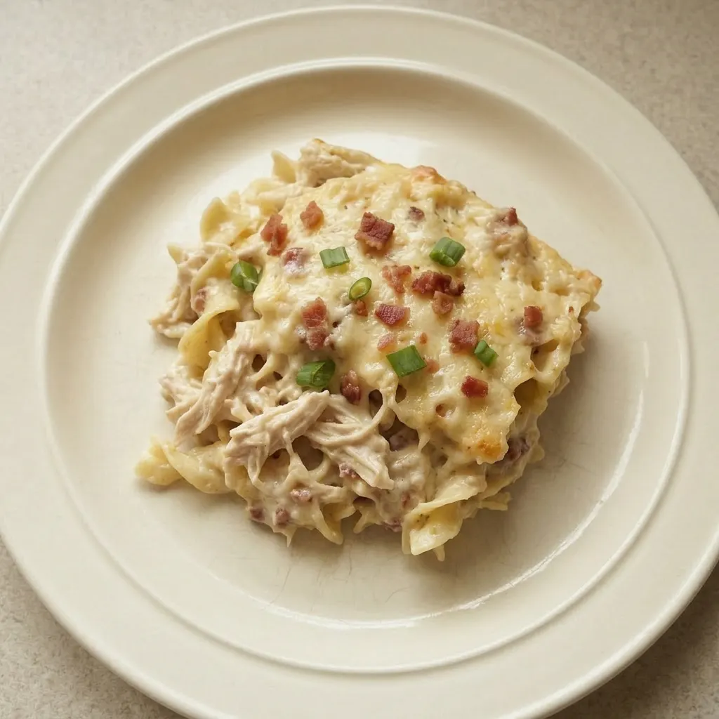 A serving of chicken bacon noodle casserole topped with melted cheddar and bacon pieces.