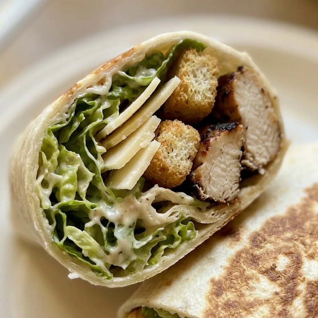 Up close, a cross-section of a chicken Caesar wrap reveals layers of romaine, chicken, croutons, and Parmesan, with creamy dressing visible.