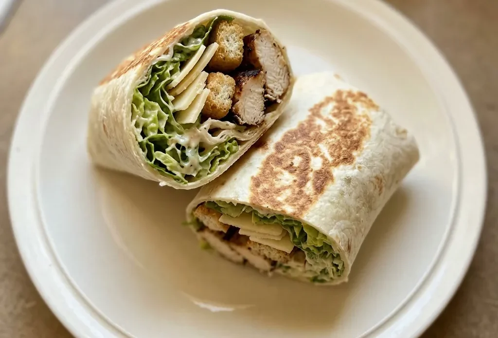 Looking down at a flour tortilla wrap filled with romaine lettuce, chicken strips, croutons, and Parmesan cheese, drizzled with Caesar dressing.
