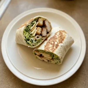 Looking down at a flour tortilla wrap filled with romaine lettuce, chicken strips, croutons, and Parmesan cheese, drizzled with Caesar dressing.