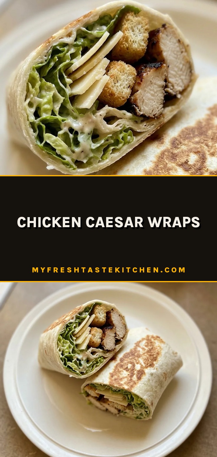 Looking down at a flour tortilla wrap filled with romaine lettuce, chicken strips, croutons, and Parmesan cheese, drizzled with Caesar dressing.