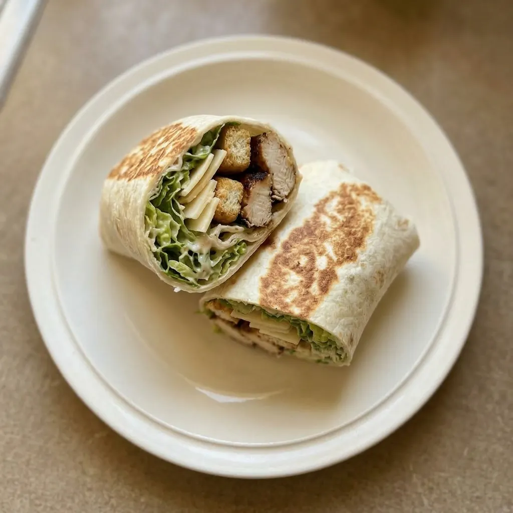 A plate of chicken Caesar wraps, each tortilla rolled tightly with romaine, chicken, Parmesan, croutons, and Caesar dressing.
