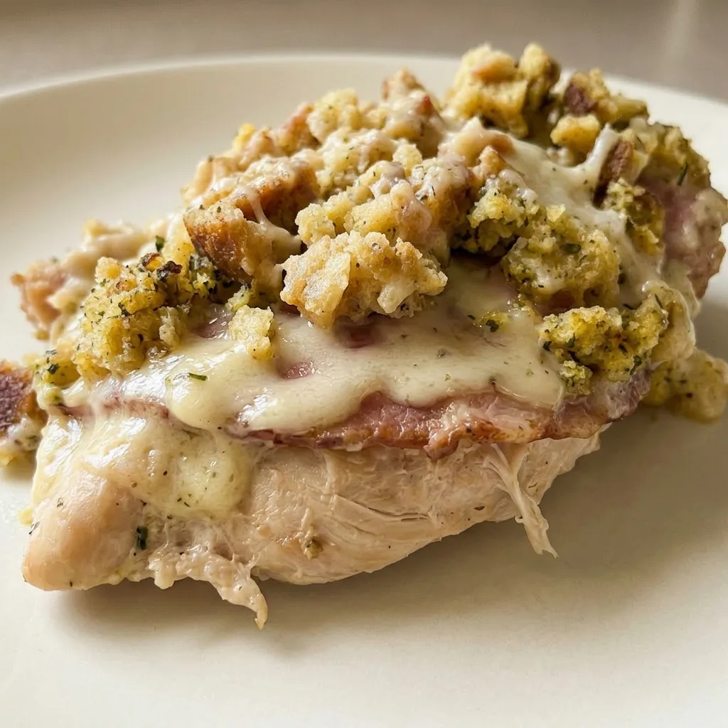 Macro detail of a forkful of casserole revealing shredded chicken, diced ham, and melted Swiss cheese.