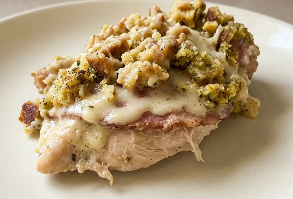 Top-down look at a casserole dish with chicken pieces, ham, and Swiss cheese layered under a golden cornbread stuffing topping.