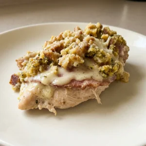 Top-down look at a casserole dish with chicken pieces, ham, and Swiss cheese layered under a golden cornbread stuffing topping.