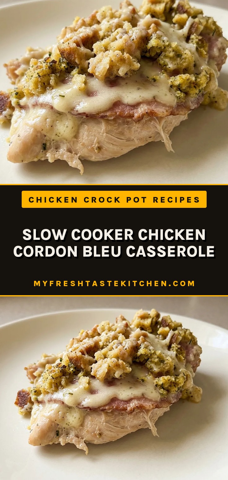 Top-down look at a casserole dish with chicken pieces, ham, and Swiss cheese layered under a golden cornbread stuffing topping.