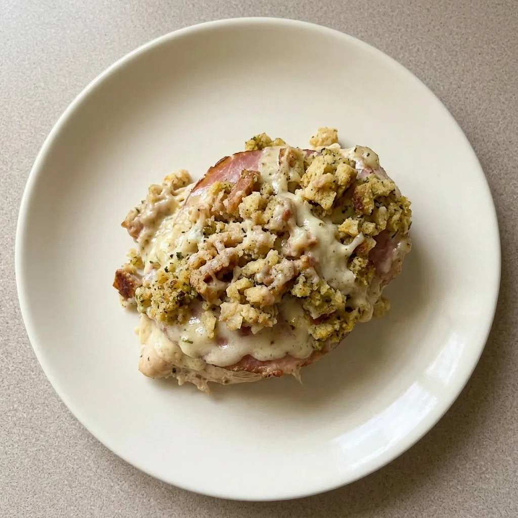 A serving of casserole with a crispy cornbread stuffing crust over creamy chicken, ham, and Swiss cheese.