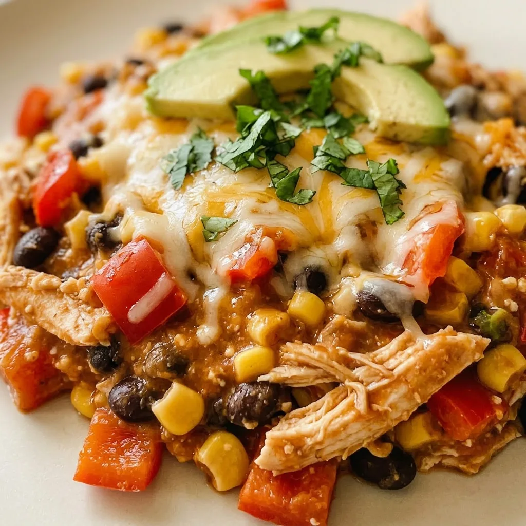 Zoomed in on a fork lifting chicken and black beans from a bed of cottage cheese and enchilada sauce, with corn and bell pepper visible.