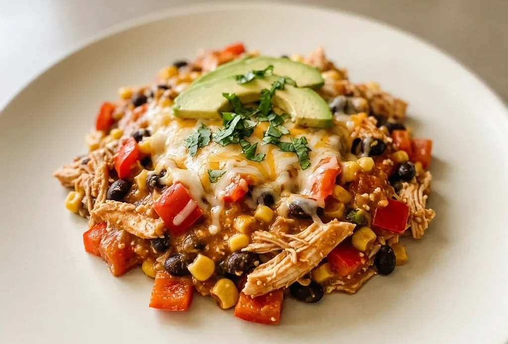 Bird's-eye view of a bowl with chicken, black beans, corn, bell pepper, and cottage cheese under melted cheese, topped with avocado slices.