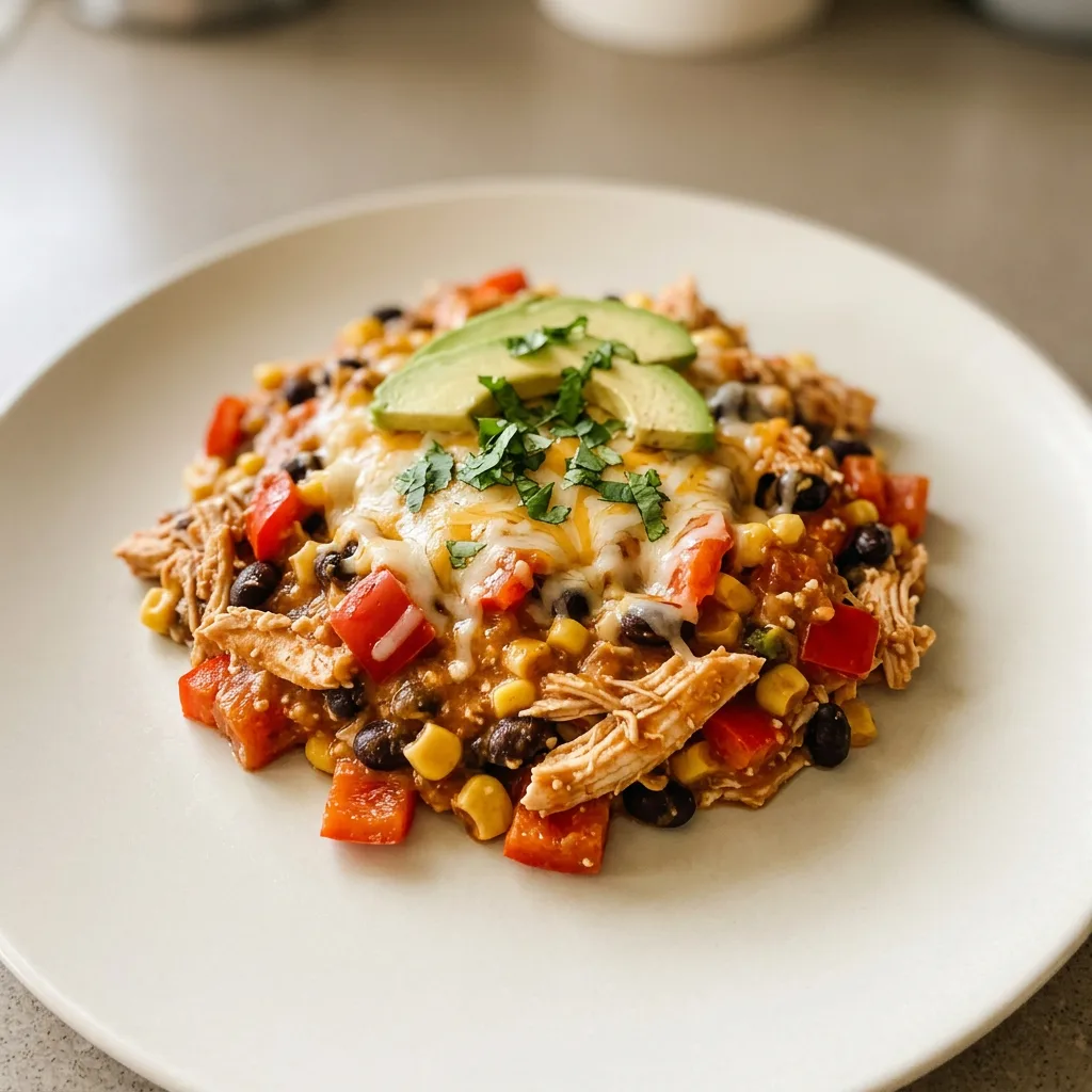 Bird's-eye view of a bowl with chicken, black beans, corn, bell pepper, and cottage cheese under melted cheese, topped with avocado slices.