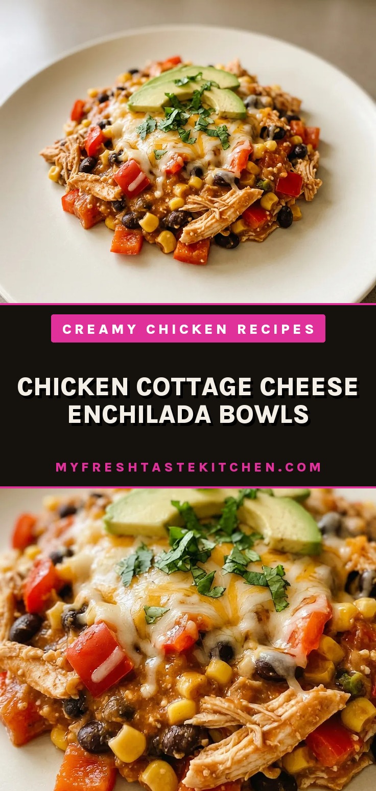 Bird's-eye view of a bowl with chicken, black beans, corn, bell pepper, and cottage cheese under melted cheese, topped with avocado slices.