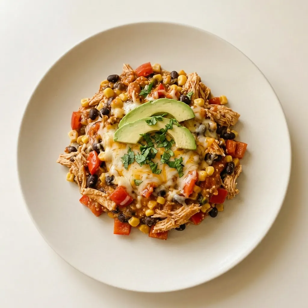 Ready to serve: a bowl of chicken, black beans, corn, bell pepper, and cottage cheese in enchilada sauce, topped with cheese and avocado.