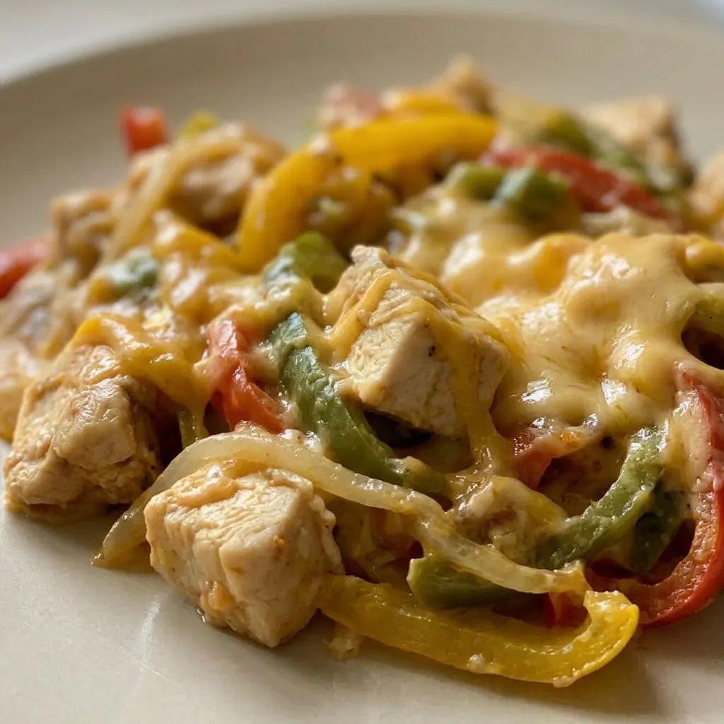 Zoomed in on a forkful of chicken, peppers, onion, and creamy sauce with melted cheese.