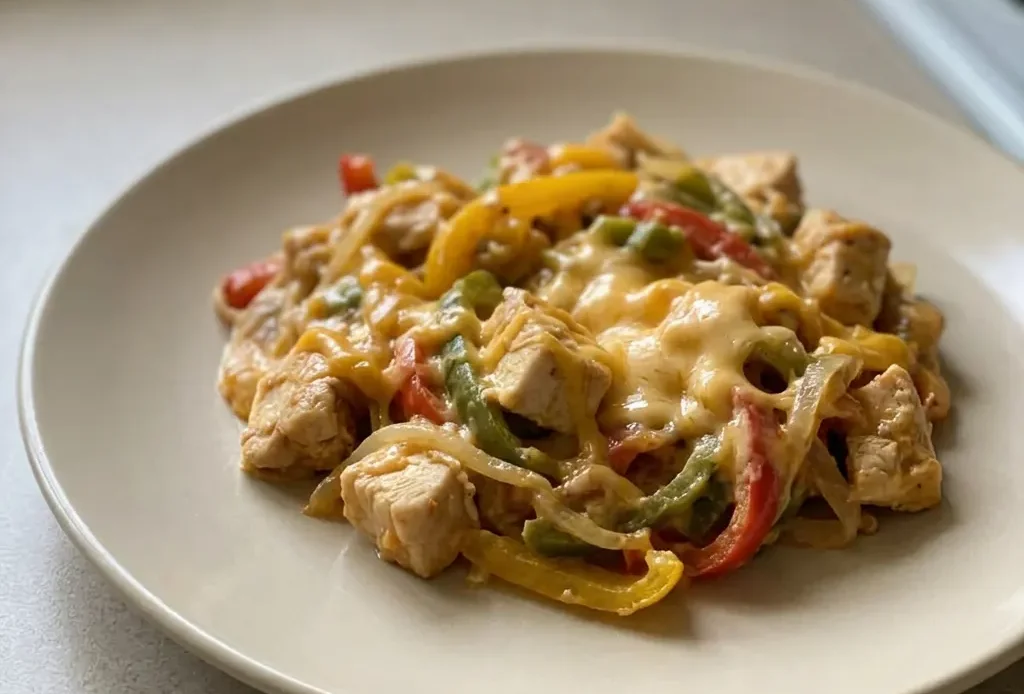 Bird's-eye view of chicken fajita casserole with bell peppers, onion, and melted cheddar cheese.