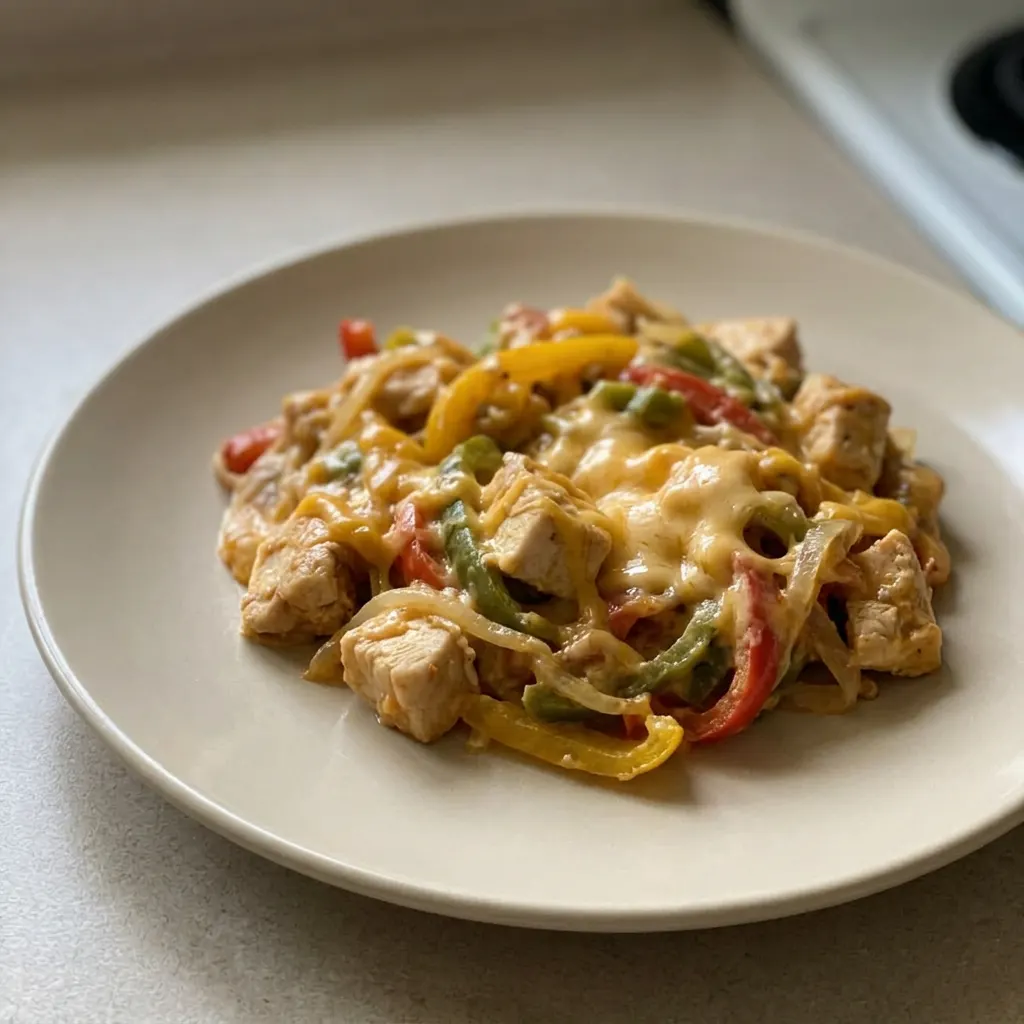 Bird's-eye view of chicken fajita casserole with bell peppers, onion, and melted cheddar cheese.