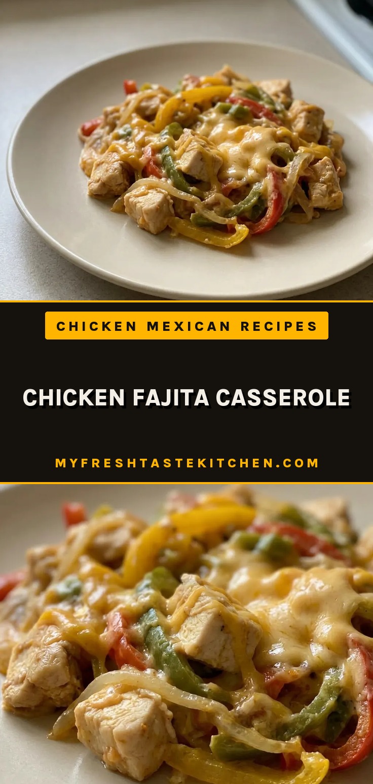 Bird's-eye view of chicken fajita casserole with bell peppers, onion, and melted cheddar cheese.