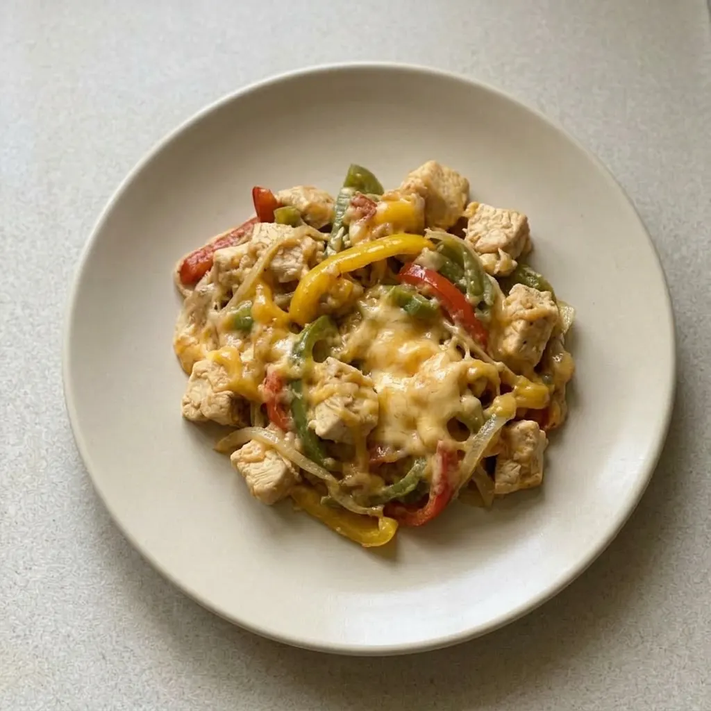 Ready to serve: chicken fajita casserole topped with sour cream and shredded cheddar.