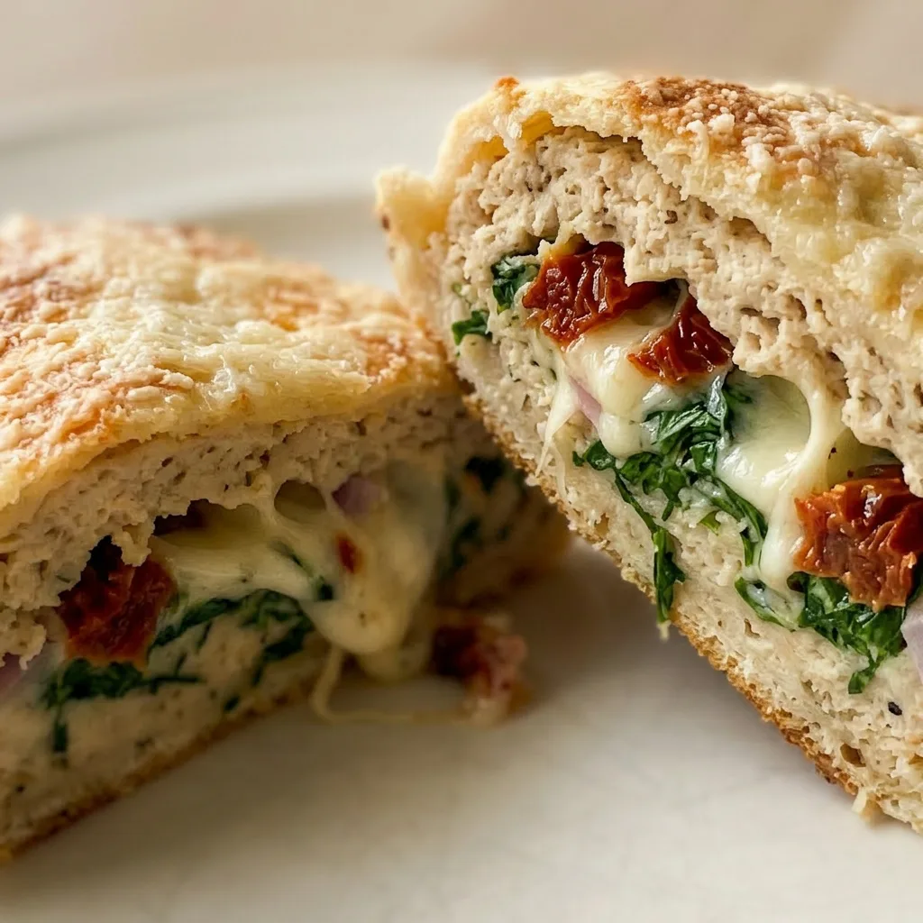 Macro detail of a flaky crust edge revealing ground chicken, spinach, and pesto filling, with melted mozzarella on top.