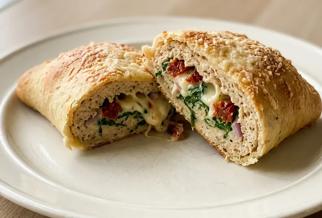 Top-down look at a golden pastry pocket topped with melted mozzarella, sundried tomatoes, and pesto streaks.
