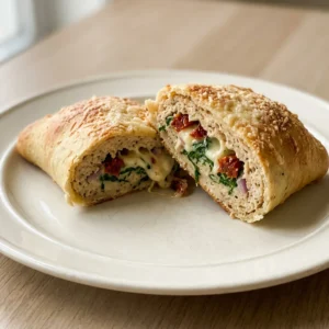 Top-down look at a golden pastry pocket topped with melted mozzarella, sundried tomatoes, and pesto streaks.