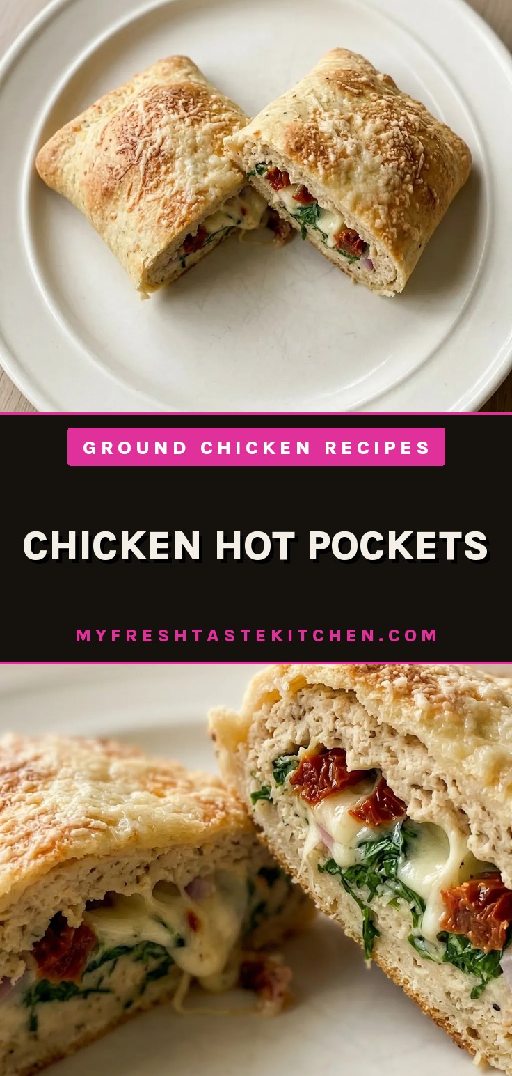 Top-down look at a golden pastry pocket topped with melted mozzarella, sundried tomatoes, and pesto streaks.