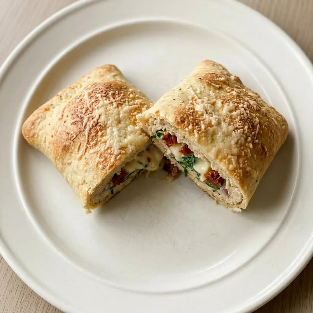 A serving of a baked pastry pocket with a pesto drizzle, mozzarella cheese, and visible sundried tomatoes and spinach.