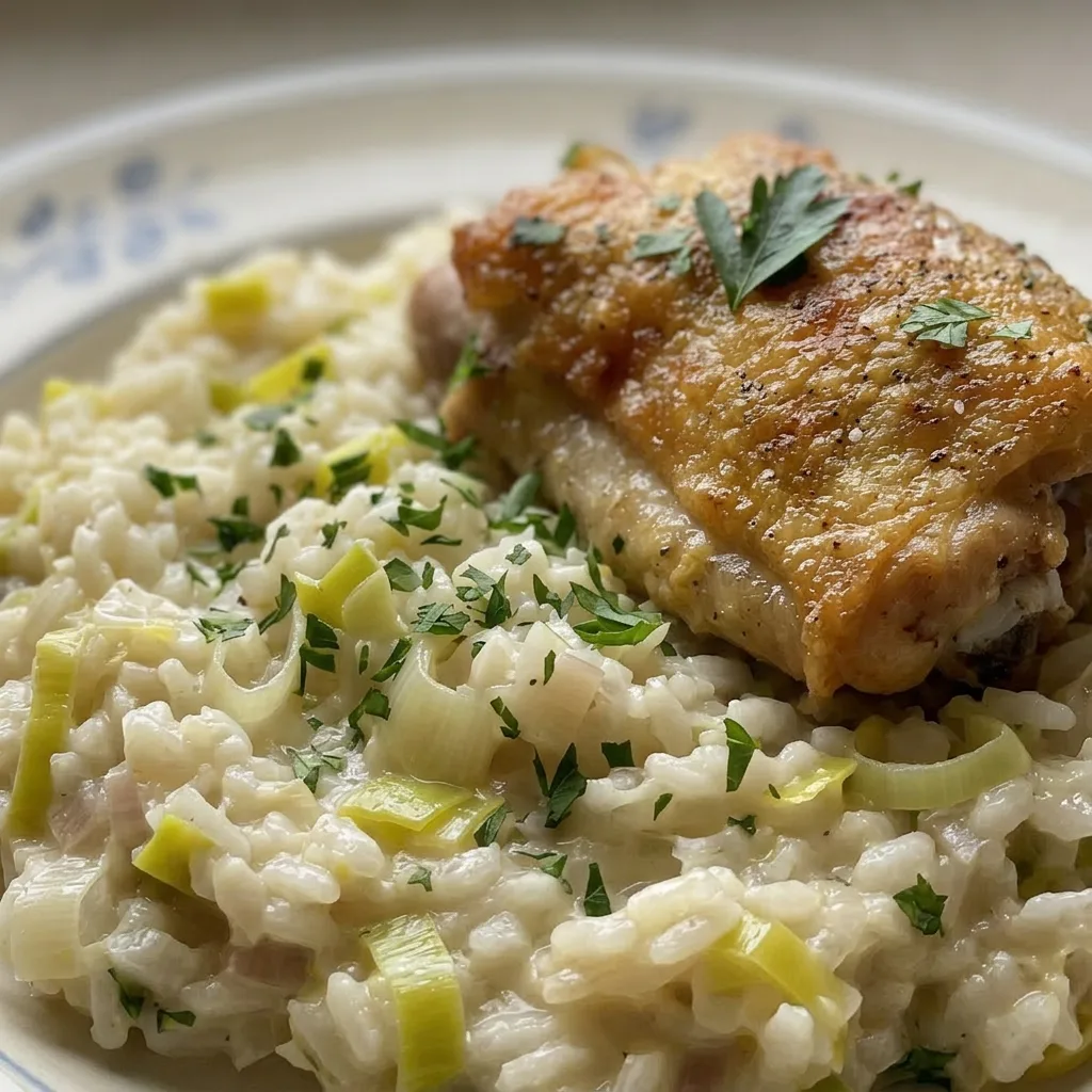 Macro detail of a forkful of risotto revealing arborio rice, tender chicken, and translucent leek rings.