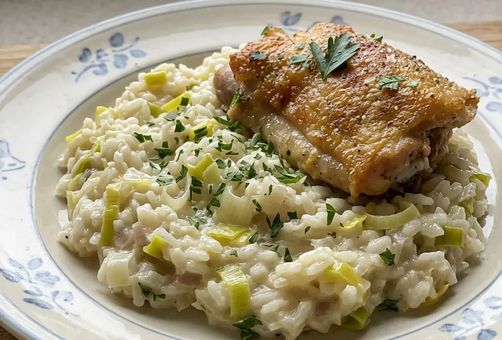 Top-down look at creamy risotto with chicken thigh pieces and sliced leeks, topped with grated parmesan.