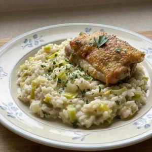 Top-down look at creamy risotto with chicken thigh pieces and sliced leeks, topped with grated parmesan.