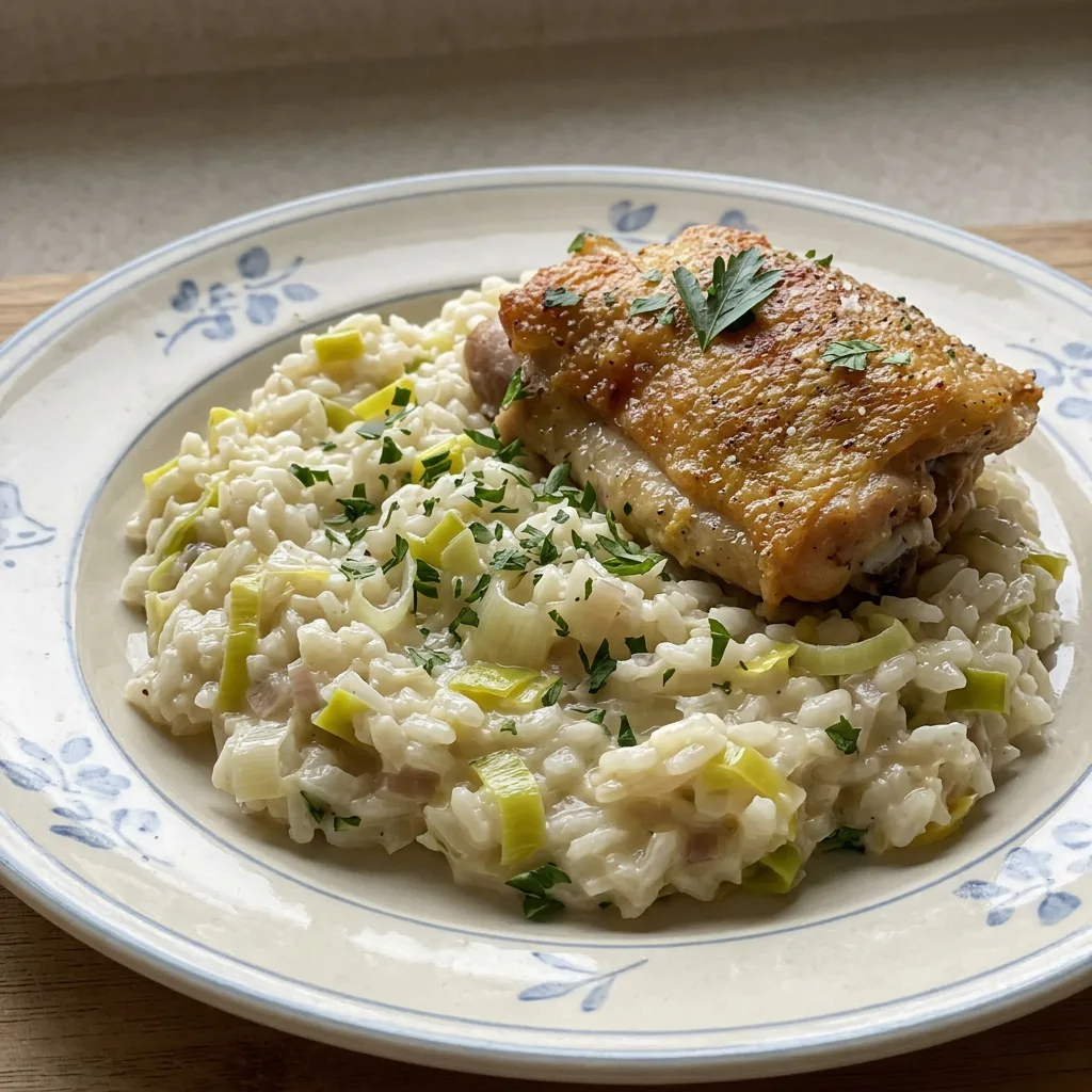Top-down look at creamy risotto with chicken thigh pieces and sliced leeks, topped with grated parmesan.