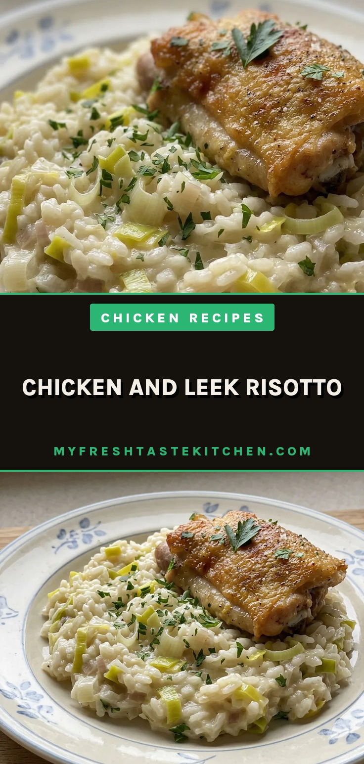 Top-down look at creamy risotto with chicken thigh pieces and sliced leeks, topped with grated parmesan.
