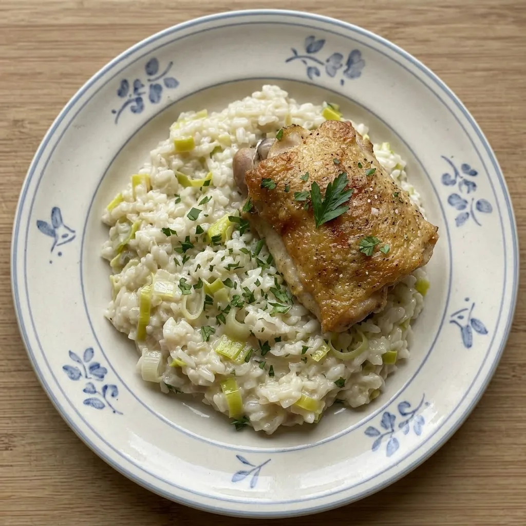 A serving of chicken and leek risotto garnished with parmesan shavings and fresh leek greens.