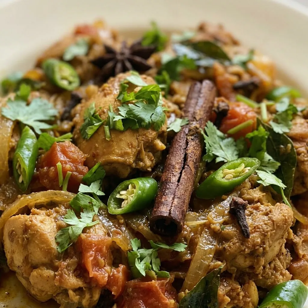 Zoomed in on a piece of chicken coated in thick, spiced gravy with flecks of green chili and tomato, and whole spices.
