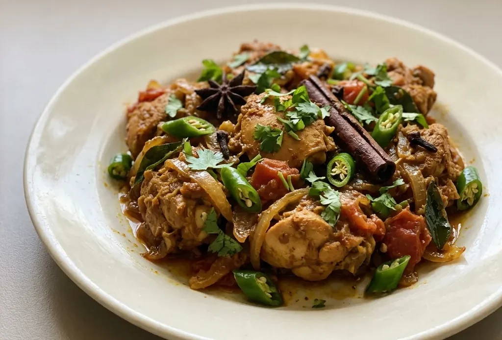 Bird's-eye view of a dark brown chicken curry with visible star anise, cinnamon stick, and curry leaves, garnished with cilantro.