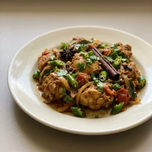 Bird's-eye view of a dark brown chicken curry with visible star anise, cinnamon stick, and curry leaves, garnished with cilantro.