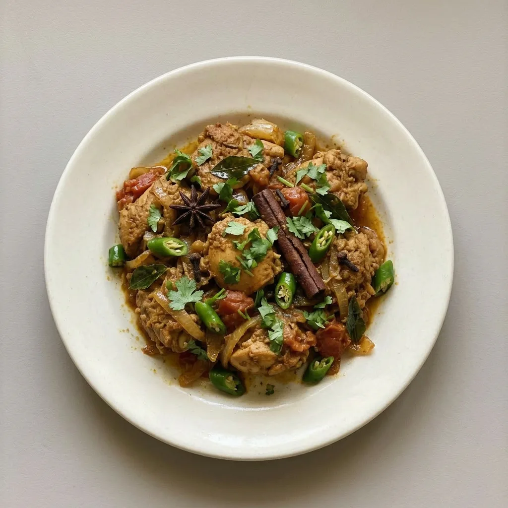 Ready to serve: a chicken peratal with rich brown gravy, topped with fresh cilantro and whole spices like cardamom and cloves.