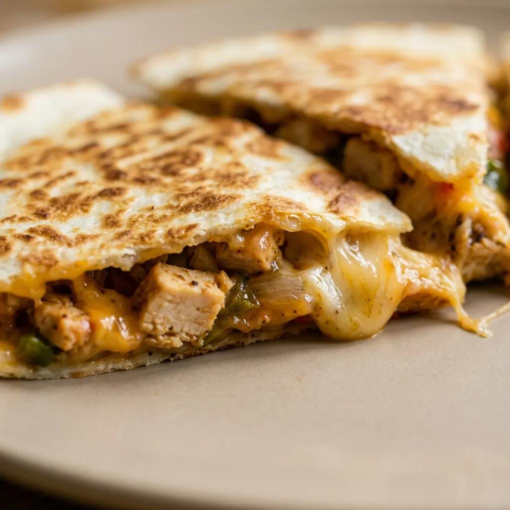 Zoomed in on a crispy tortilla edge revealing layers of shredded chicken, sautéed peppers and onions, jalapeno slices, and gooey cheese.