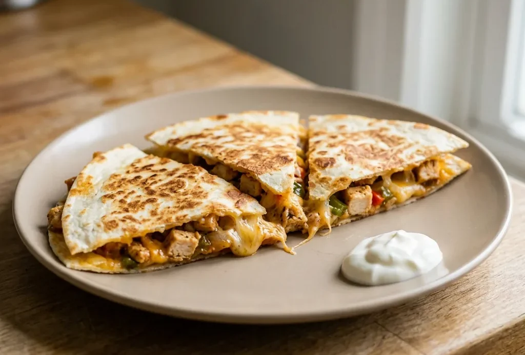 Bird's-eye view of two triangular quesadilla halves on a dark surface, filled with chicken, bell pepper, onion, jalapeno, and melted cheese.