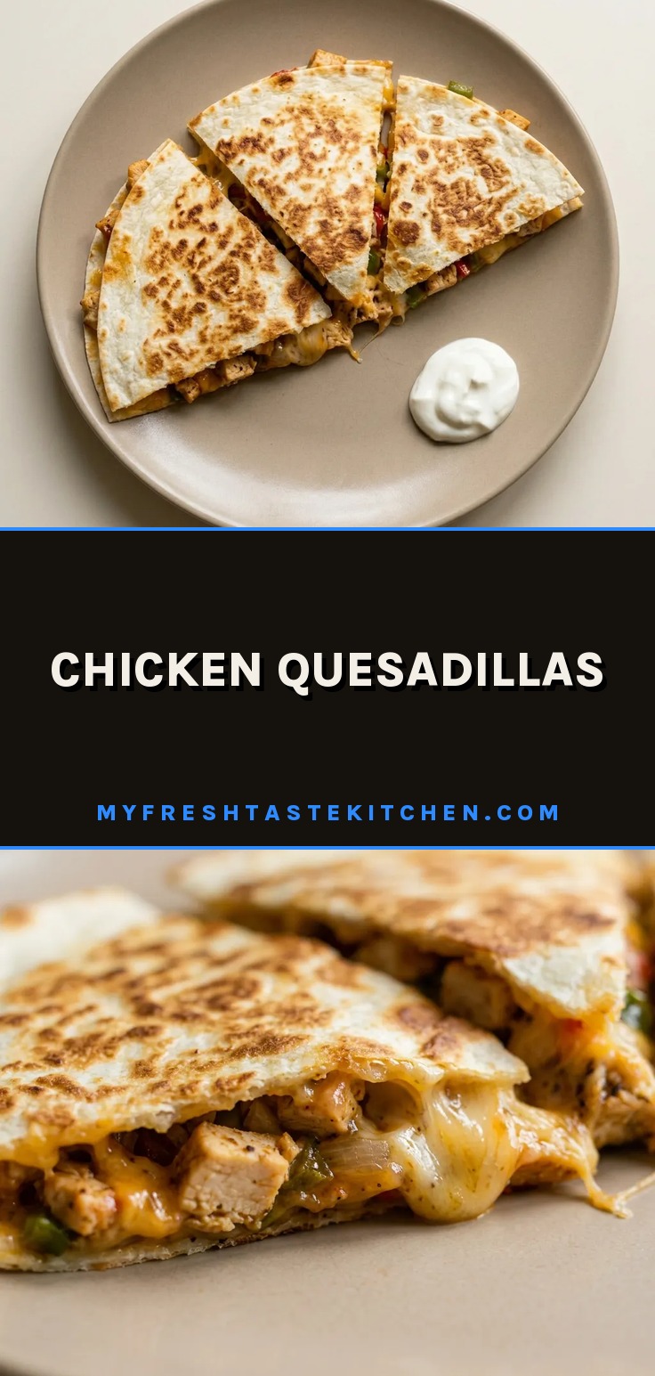 Bird's-eye view of two triangular quesadilla halves on a dark surface, filled with chicken, bell pepper, onion, jalapeno, and melted cheese.