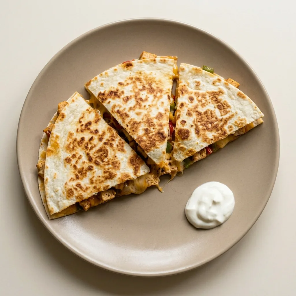 Ready to serve: a whole quesadilla cut into wedges, topped with diced jalapeno and a sprinkle of taco seasoning, with melted cheese oozing out.