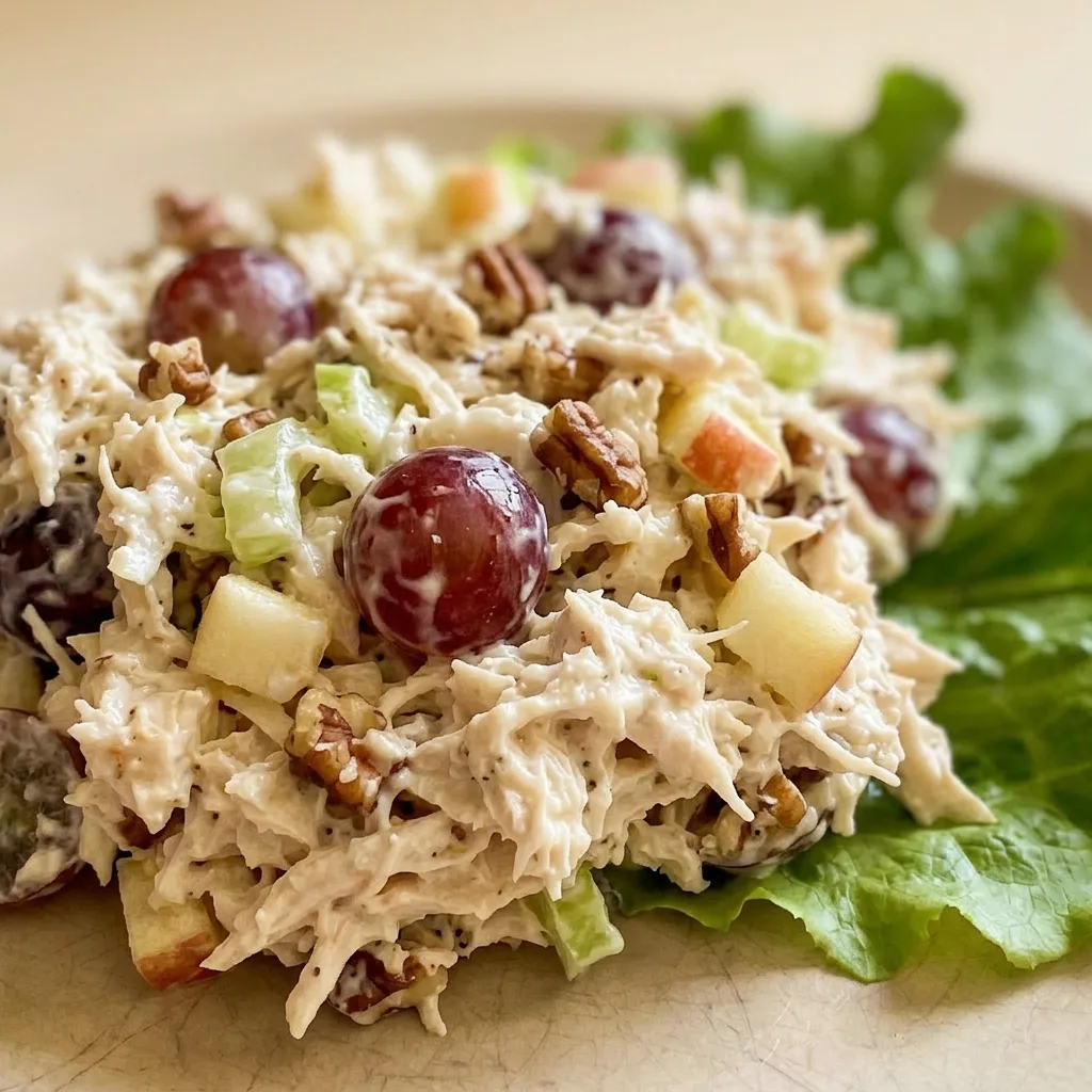 Macro detail of chicken salad showing diced chicken, pecans, grapes, and celery in a creamy mayonnaise dressing.
