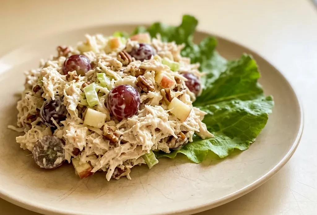 Top-down look at chicken salad topped with grapes, pecans, and celery, with visible mayonnaise coating.