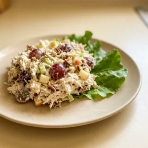 Top-down look at chicken salad topped with grapes, pecans, and celery, with visible mayonnaise coating.