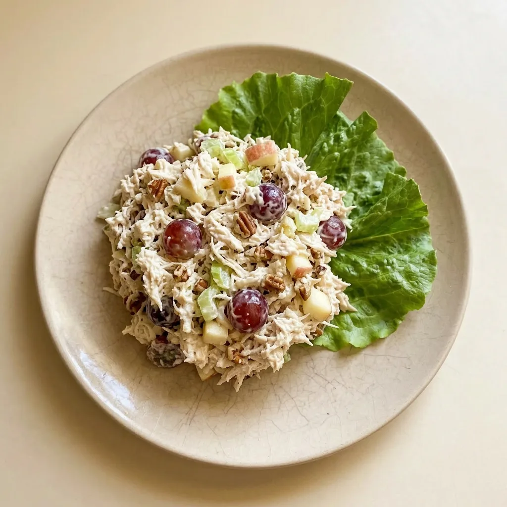 A serving of chicken salad with ranch seasoning, featuring chunks of apple, grapes, pecans, and celery.