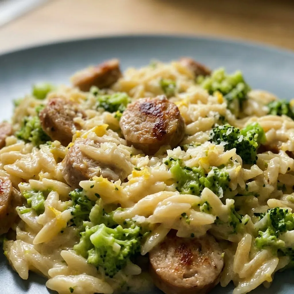 Close view of chicken sausage and orzo with broccoli, garlic pieces, parmesan, and a lemon wedge.