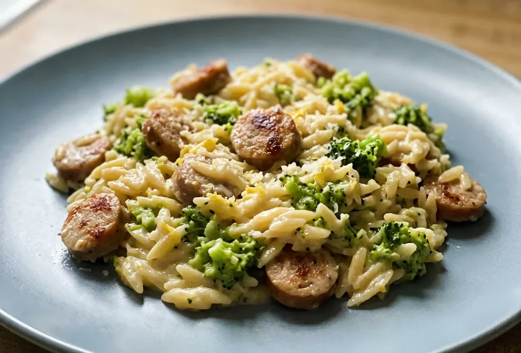 Overhead shot of chicken sausage slices and orzo with broccoli florets, topped with grated parmesan and lemon wedges.
